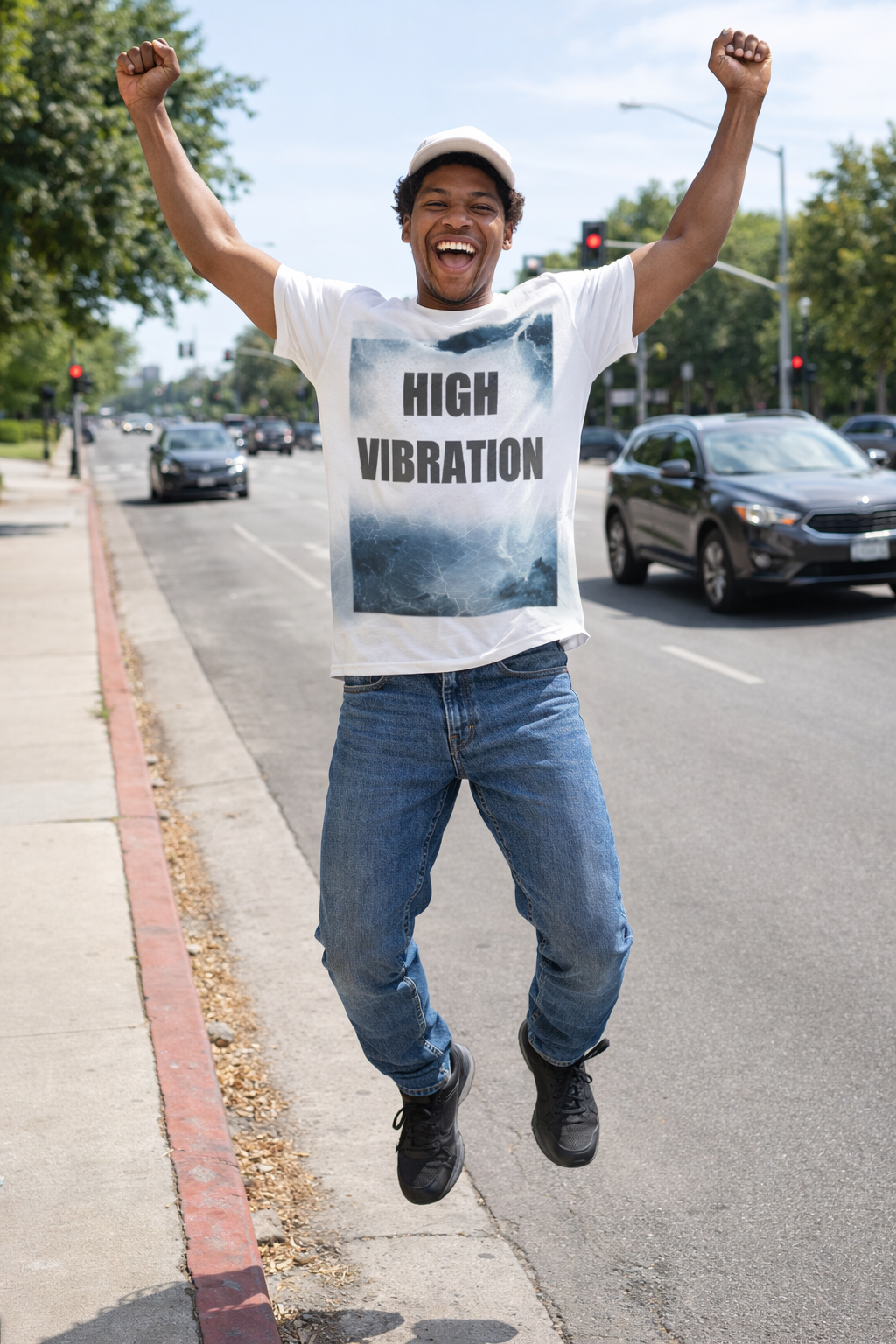 High Vibration Tee — Inspirational Graphic with Storm Sky Design
